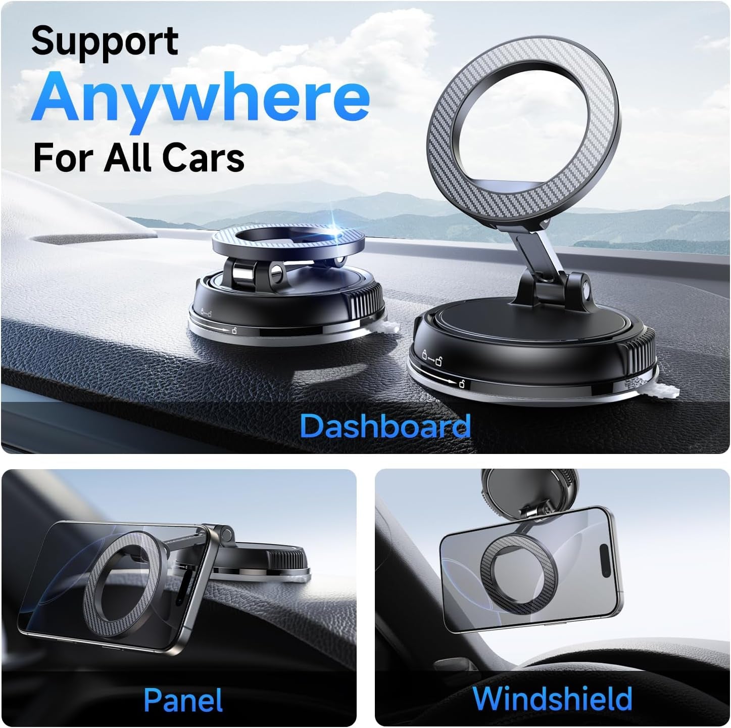 Car Phone Holder for Magsafe [78+LBS Strongest Suction & 2400Gf Magnetic] 360° Adjustable Car Phone Mount, Phone Holders for Your Car for Iphone 17 Pro Max 16 15 14 13 12 Air plus (Carbon Fiber)